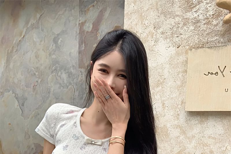 Round Neck Sleeve T-Shirt Pointelle Short Bow