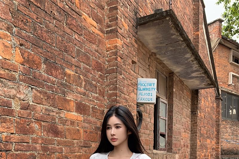 Round Neck Sleeve T-Shirt Pointelle Short Bow