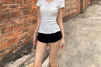 Round Neck Sleeve T-Shirt Pointelle Short Bow