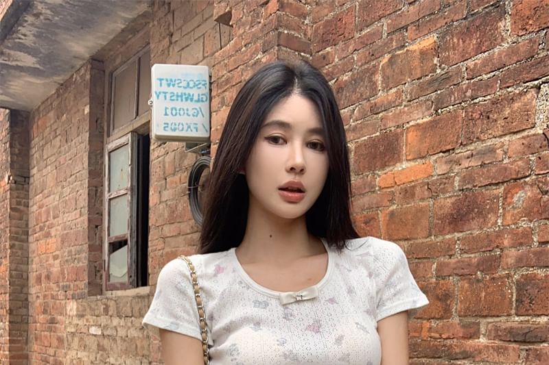 Round Neck Sleeve T-Shirt Pointelle Short Bow