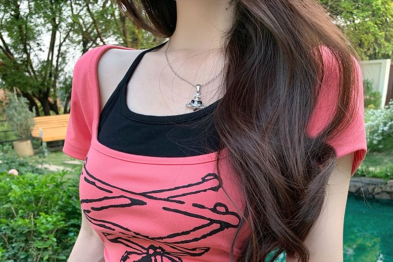 Tee Asymmetrical Short Piece Sleeve Patterned Print Mock Two