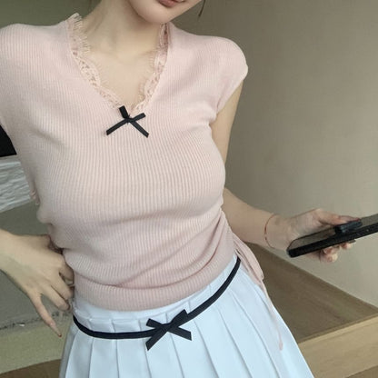 Knit Cap Bow Sleeve Top V-Neck Lace Plain Trim
