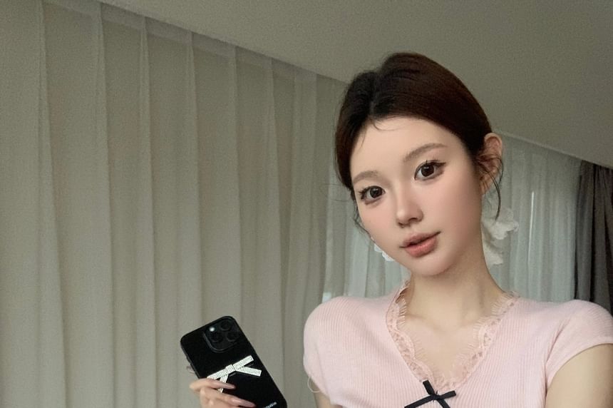 Knit Cap Bow Sleeve Top V-Neck Lace Plain Trim