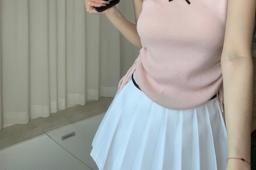 Knit Cap Bow Sleeve Top V-Neck Lace Plain Trim