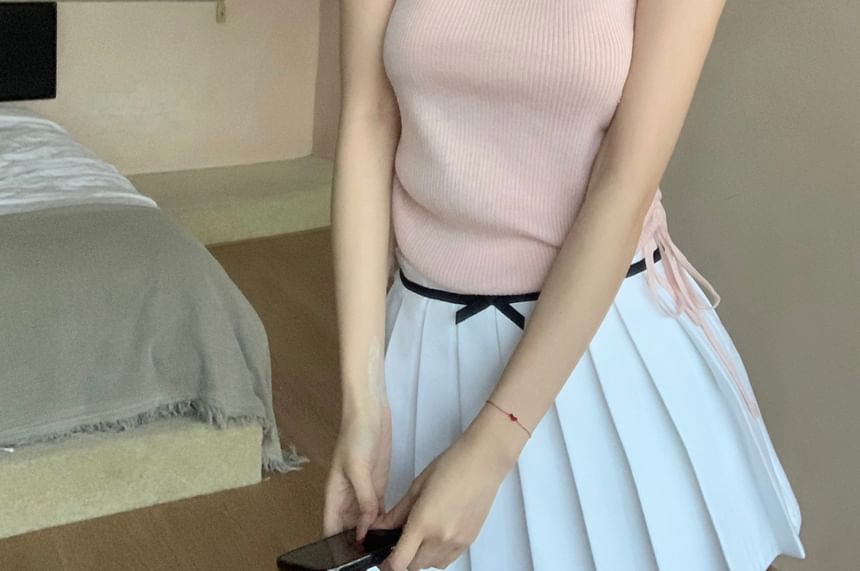 Knit Cap Bow Sleeve Top V-Neck Lace Plain Trim