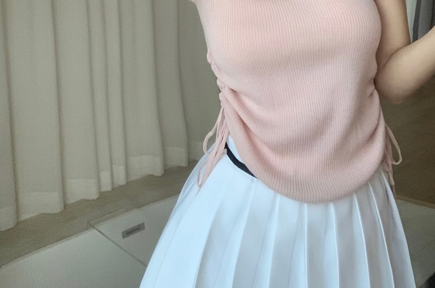 Knit Cap Bow Sleeve Top V-Neck Lace Plain Trim