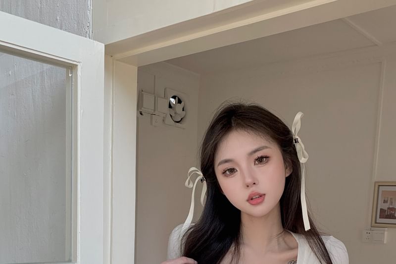 Mock Plain Sleeve Short Ruched Square Top Two Neck Piece