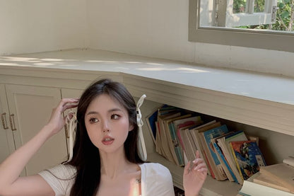 Mock Plain Sleeve Short Ruched Square Top Two Neck Piece