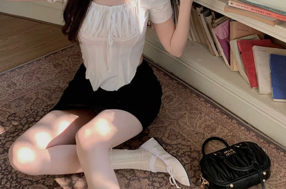 Mock Plain Sleeve Short Ruched Square Top Two Neck Piece