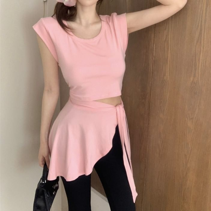 Plain Pants Sleeve / Neck Piece High Mock Two Flared T-Shirt Asymmetrical Waist Crew Cap