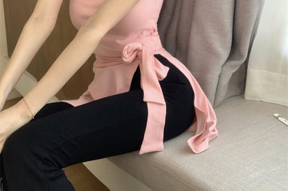 Plain Pants Sleeve / Neck Piece High Mock Two Flared T-Shirt Asymmetrical Waist Crew Cap