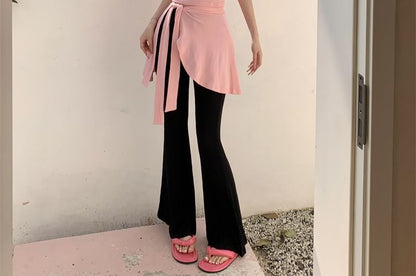 Plain Pants Sleeve / Neck Piece High Mock Two Flared T-Shirt Asymmetrical Waist Crew Cap