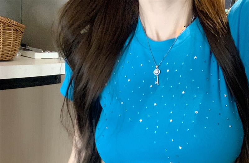 Plain Round Neck T-Shirt Rhinestone Short Sleeve