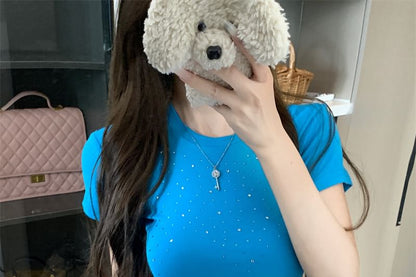 Plain Round Neck T-Shirt Rhinestone Short Sleeve