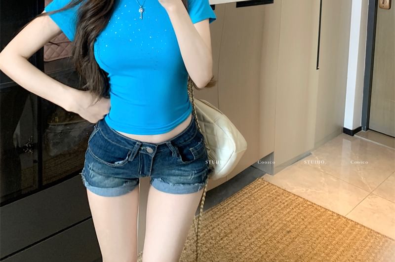 Plain Round Neck T-Shirt Rhinestone Short Sleeve