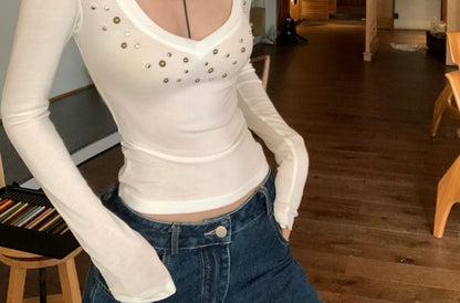 Studded Sleeve Tee Deep Short Plain Plunge