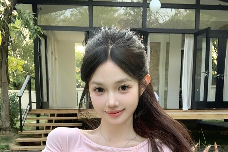 Plain Asymmetrical Neck Sleeve Top Cutout Cap