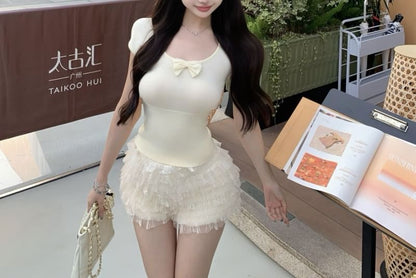 Waist Tiered Shorts Bow Sleeve Neck Lace Tee High Plain / Short Scoop