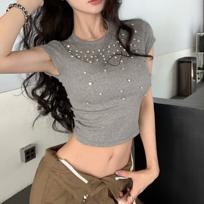 Crewneck Tee Short-Sleeve Crop Rhinestone