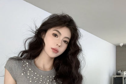 Crewneck Tee Short-Sleeve Crop Rhinestone