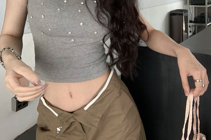 Crewneck Tee Short-Sleeve Crop Rhinestone