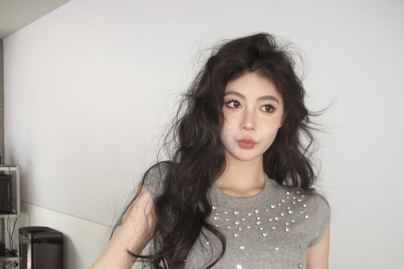 Crewneck Tee Short-Sleeve Crop Rhinestone