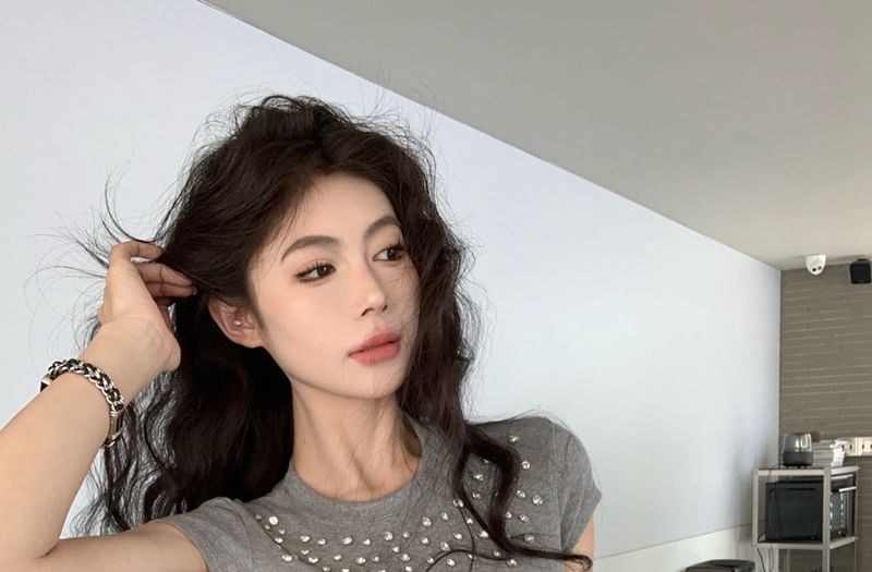 Crewneck Tee Short-Sleeve Crop Rhinestone