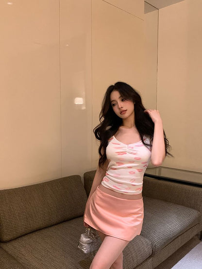 Scoop T-Shirt Print Skirt Mini Neck / Short-Sleeve