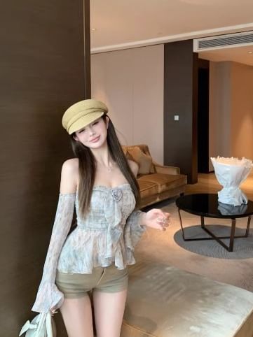 Floral Crop Print Shoulder Long-Sleeve Off Top