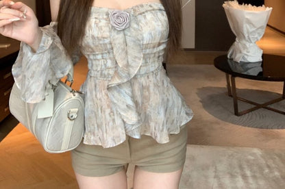 Floral Crop Print Shoulder Long-Sleeve Off Top