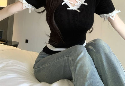 Top V-Neck Bow Plain Accent Cap-Sleeve