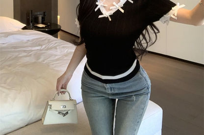 Top V-Neck Bow Plain Accent Cap-Sleeve