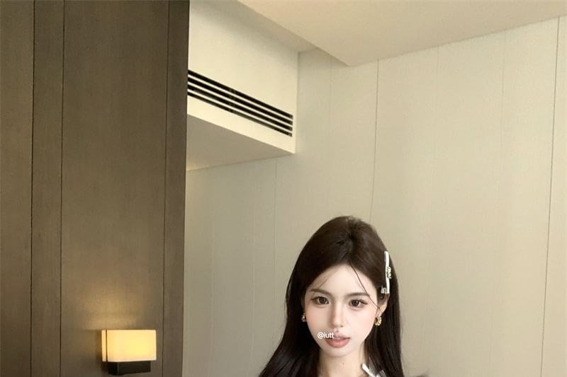 Top V-Neck Bow Plain Accent Cap-Sleeve