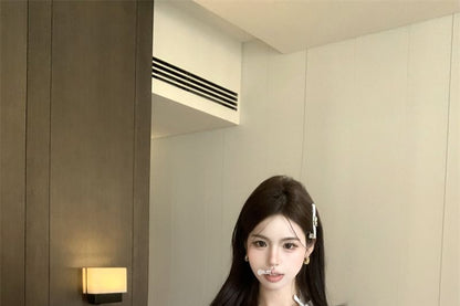 Top V-Neck Bow Plain Accent Cap-Sleeve