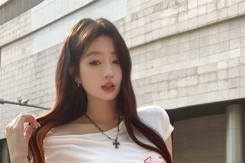 Leg / T-Shirt Wide Lace Pants Waistband Short-Sleeve Lettering