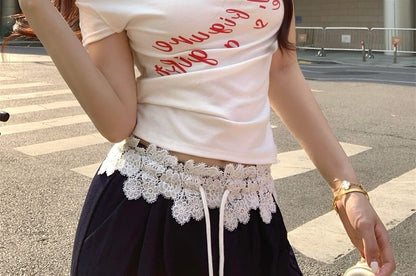 Leg / T-Shirt Wide Lace Pants Waistband Short-Sleeve Lettering