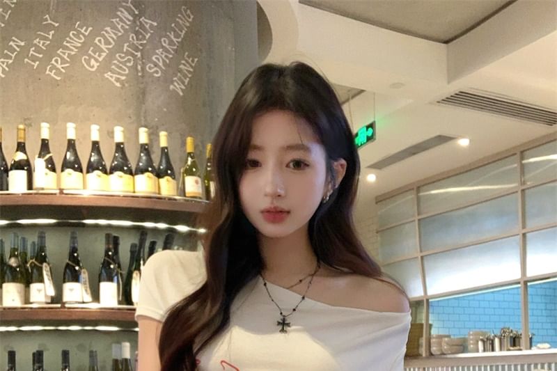 Leg / T-Shirt Wide Lace Pants Waistband Short-Sleeve Lettering