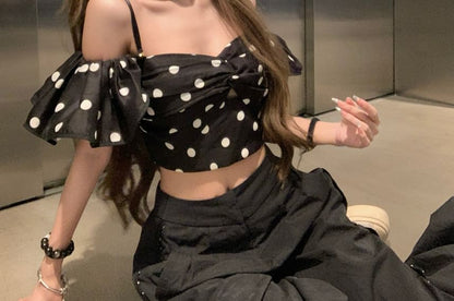 Shoulder Short-Sleeve Cold Dotted Top Crop