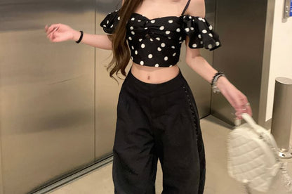 Shoulder Short-Sleeve Cold Dotted Top Crop