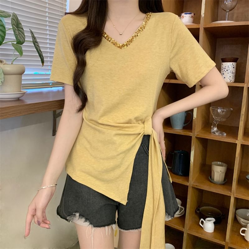 Trim Short-Sleeve Plain Top V-Neck Lace Asymmetrical