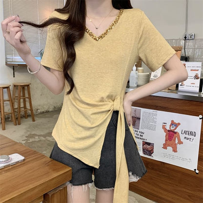 Trim Short-Sleeve Plain Top V-Neck Lace Asymmetrical