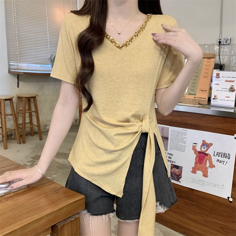 Trim Short-Sleeve Plain Top V-Neck Lace Asymmetrical