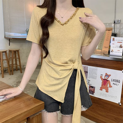 Trim Short-Sleeve Plain Top V-Neck Lace Asymmetrical