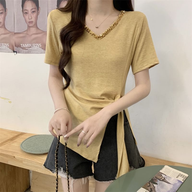 Trim Short-Sleeve Plain Top V-Neck Lace Asymmetrical