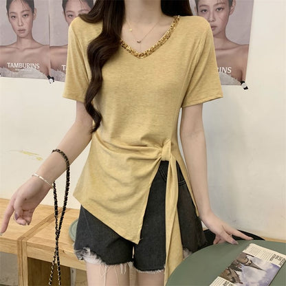 Trim Short-Sleeve Plain Top V-Neck Lace Asymmetrical