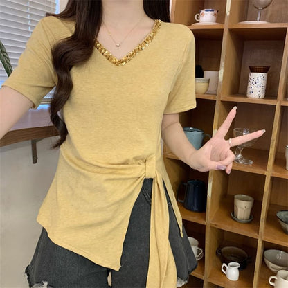 Trim Short-Sleeve Plain Top V-Neck Lace Asymmetrical