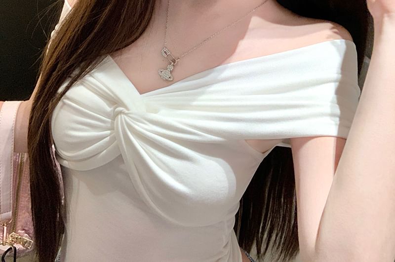 Top Short-Sleeve V-Neck Plain Crop Twisted