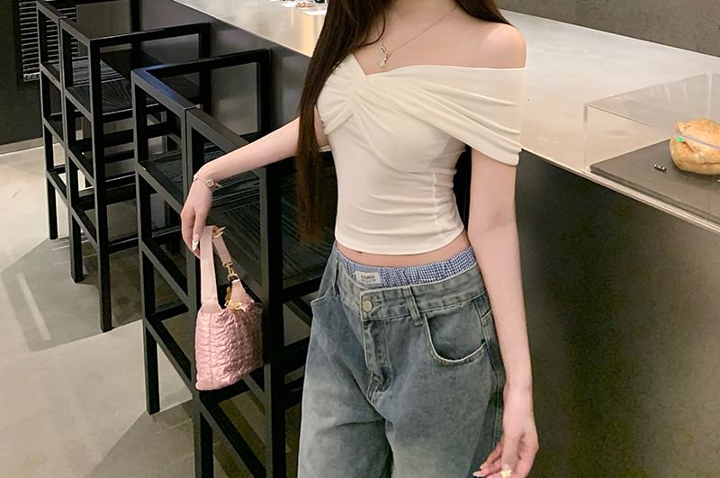 Top Short-Sleeve V-Neck Plain Crop Twisted