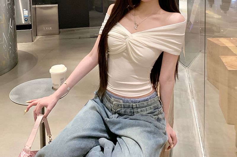 Top Short-Sleeve V-Neck Plain Crop Twisted