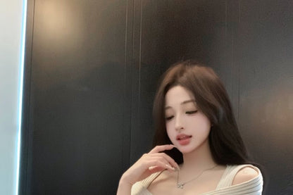 Shoulder Cold Top Short-Sleeve Plain Crop